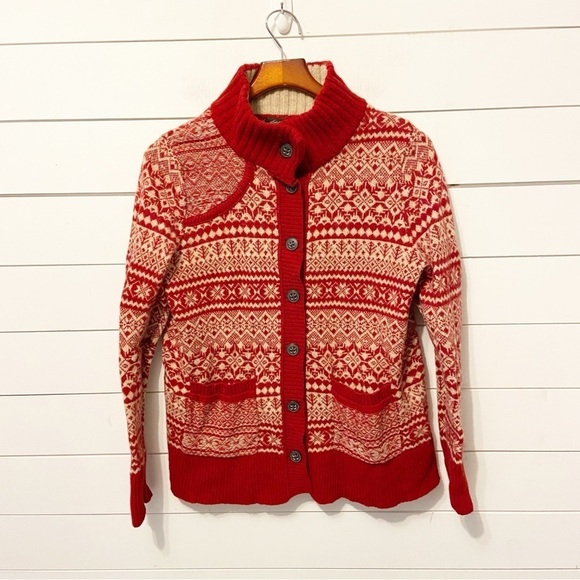 Eddie Bauer | Vintage Red Fair Isle Print Lambs Wool Cardigan Sweater Size XL - Picture 1 of 8
